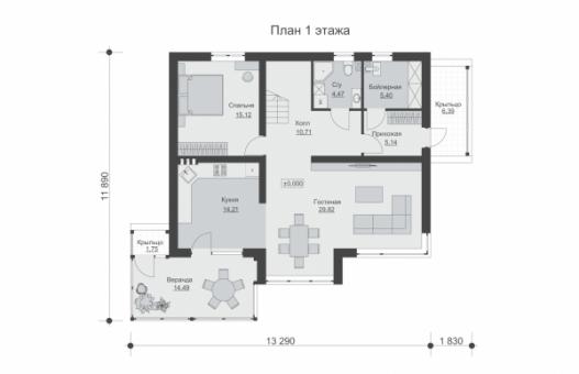 Одноэтажный дом с мансардой и верандой